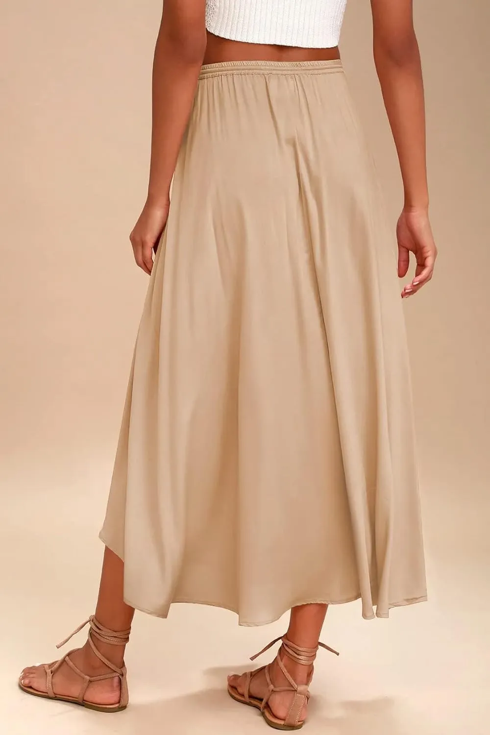 Maxi Skirts for Women Trendy Tie Knot Elastic High Waisted Boho Long Skirts Casual Flowy Swing Beach Skirt with Pockets