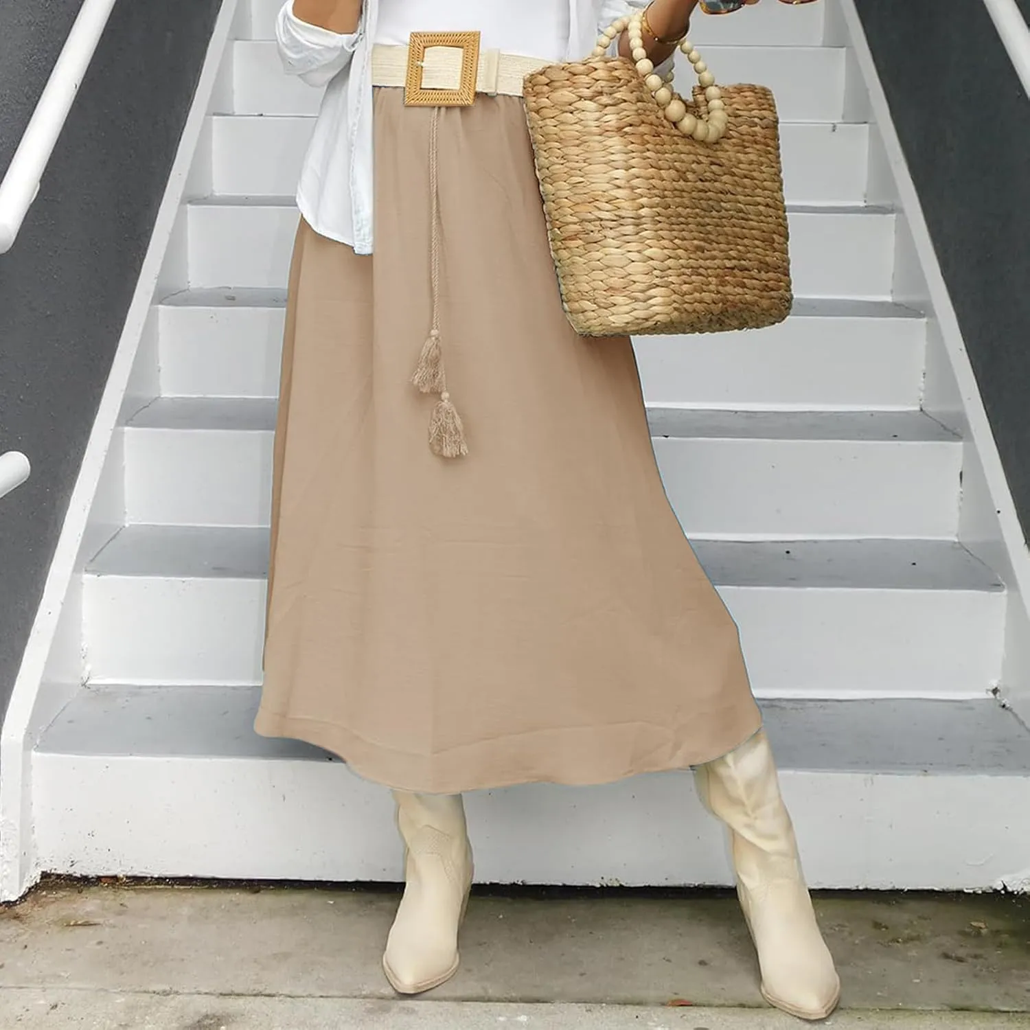 Maxi Skirts for Women Trendy Tie Knot Elastic High Waisted Boho Long Skirts Casual Flowy Swing Beach Skirt with Pockets
