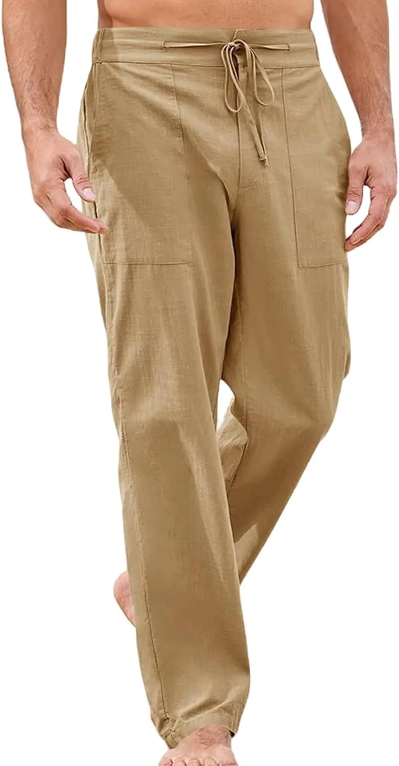 Mens Casual Elastic Waist Drawstring Lightweight Linen Summer Beach Yoga Trousers Pants