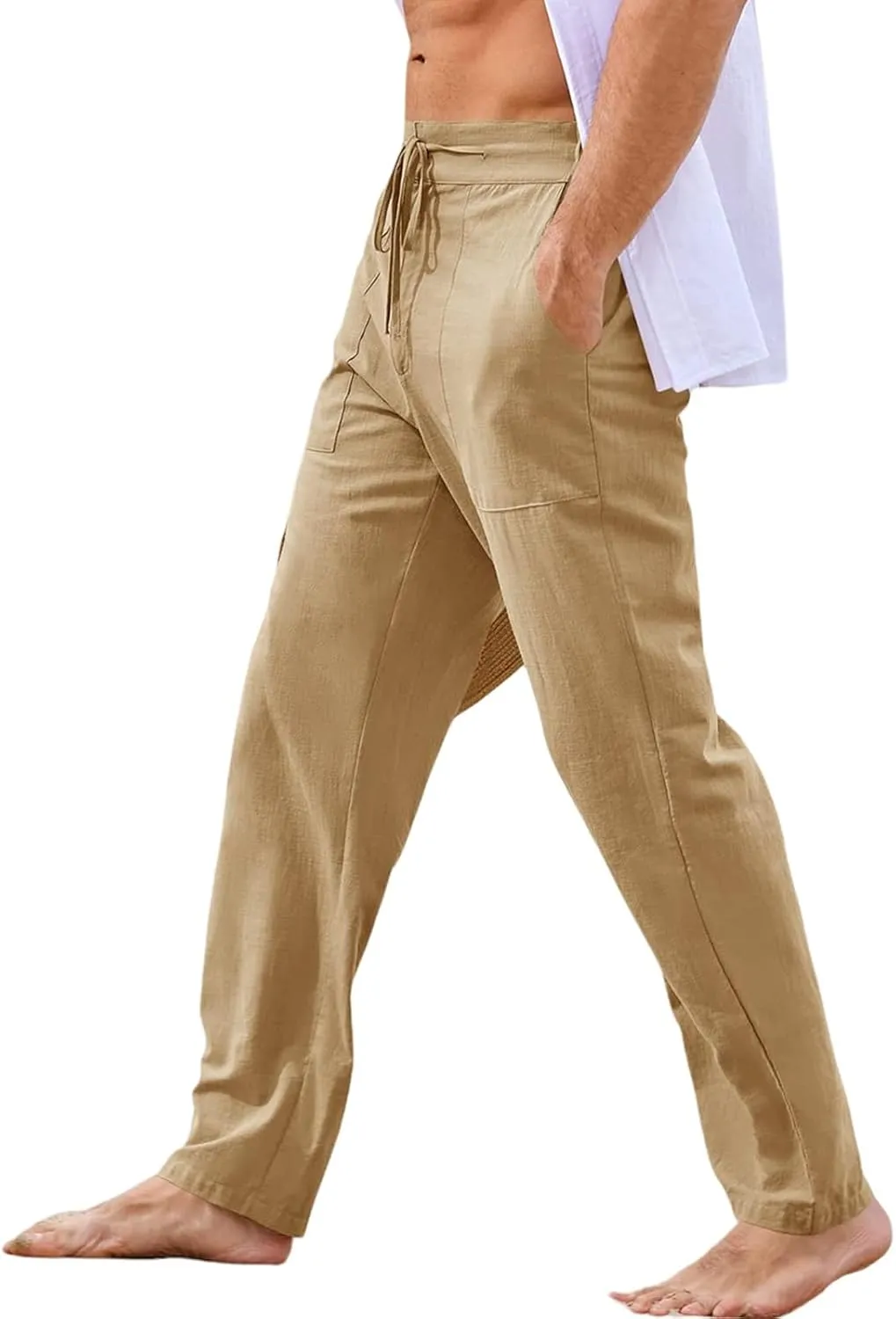 Mens Casual Elastic Waist Drawstring Lightweight Linen Summer Beach Yoga Trousers Pants