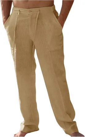 Mens Casual Elastic Waist Drawstring Lightweight Linen Summer Beach Yoga Trousers Pants