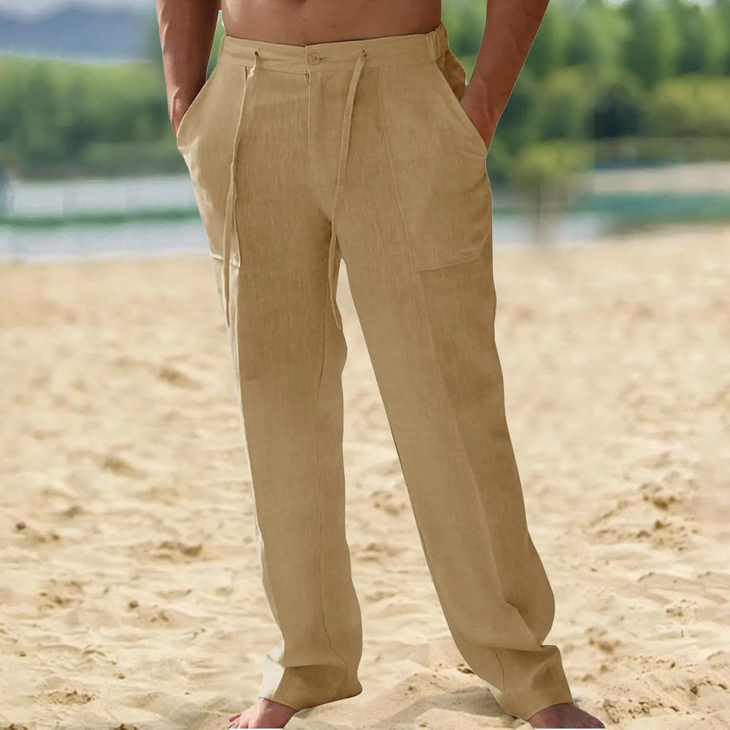Mens Casual Elastic Waist Drawstring Lightweight Linen Summer Beach Yoga Trousers Pants