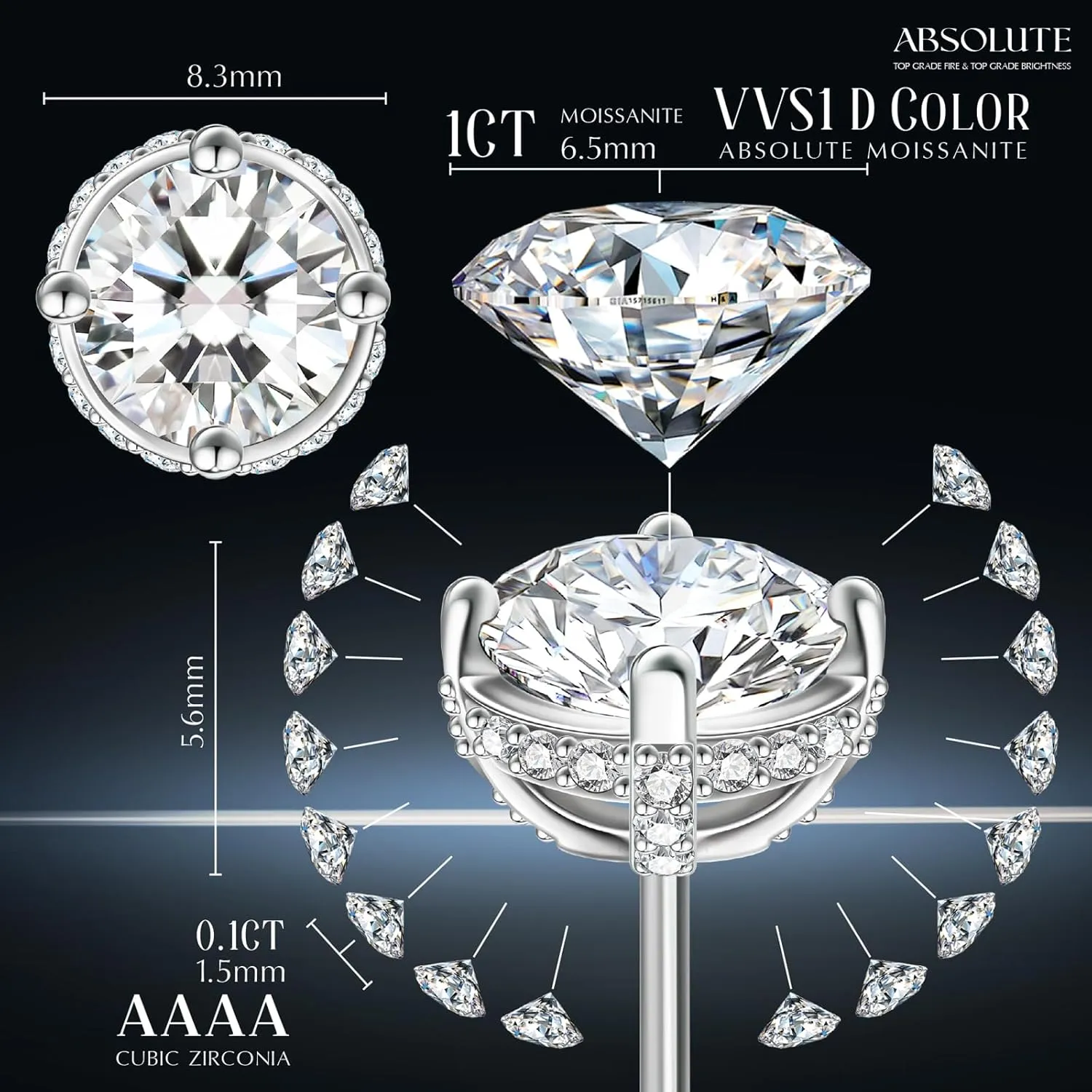 Moissanite Earrings Studs Sterling Silver Stud Earrings for Women 2 Carat S925 Earrings Hypoallergenic Gold Earring for Women Studs