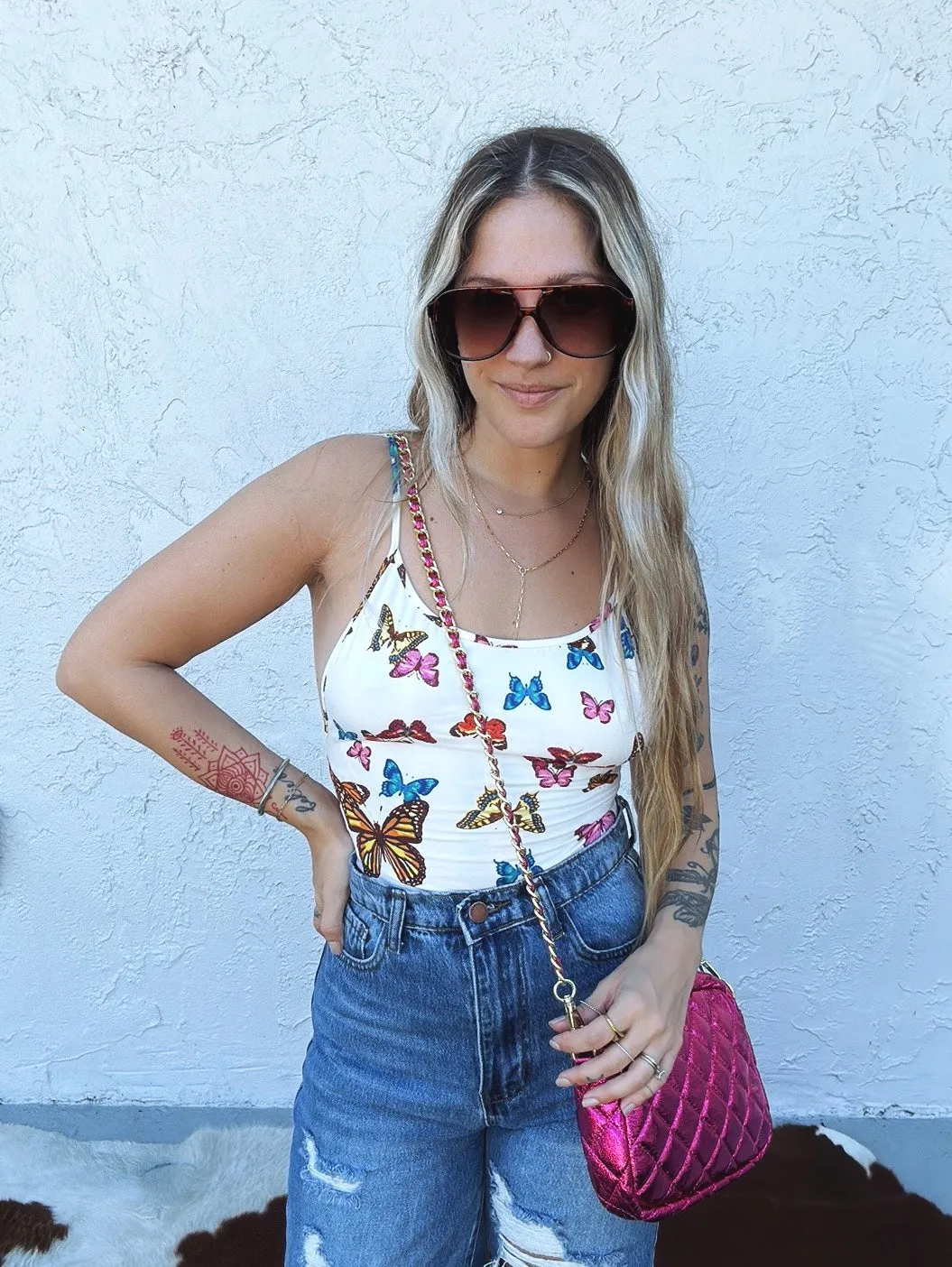 New Beginnings Multi Color Butterfly Print Bodysuit