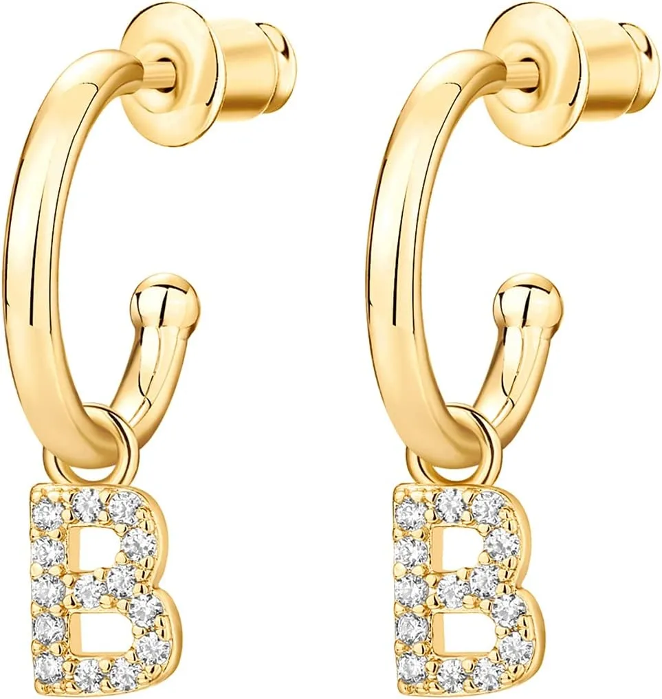 PAVOI 14K Gold Plated 925 Sterling Silver Post Huggie Earring with Initial Dangle - CZ Huggie Hoop Earrings - Women's Cubic Zirconia Initial Huggies