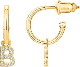 PAVOI 14K Gold Plated 925 Sterling Silver Post Huggie Earring with Initial Dangle - CZ Huggie Hoop Earrings - Women's Cubic Zirconia Initial Huggies