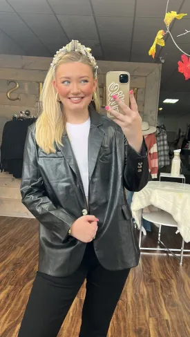PEASLEY- Black faux leather oversized blazer
