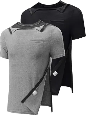 Poriff Men's Post Shoulder Surgery Recovery Shirts Full Tear Away Short Sleeve Snap Chemo Port Access Shirt