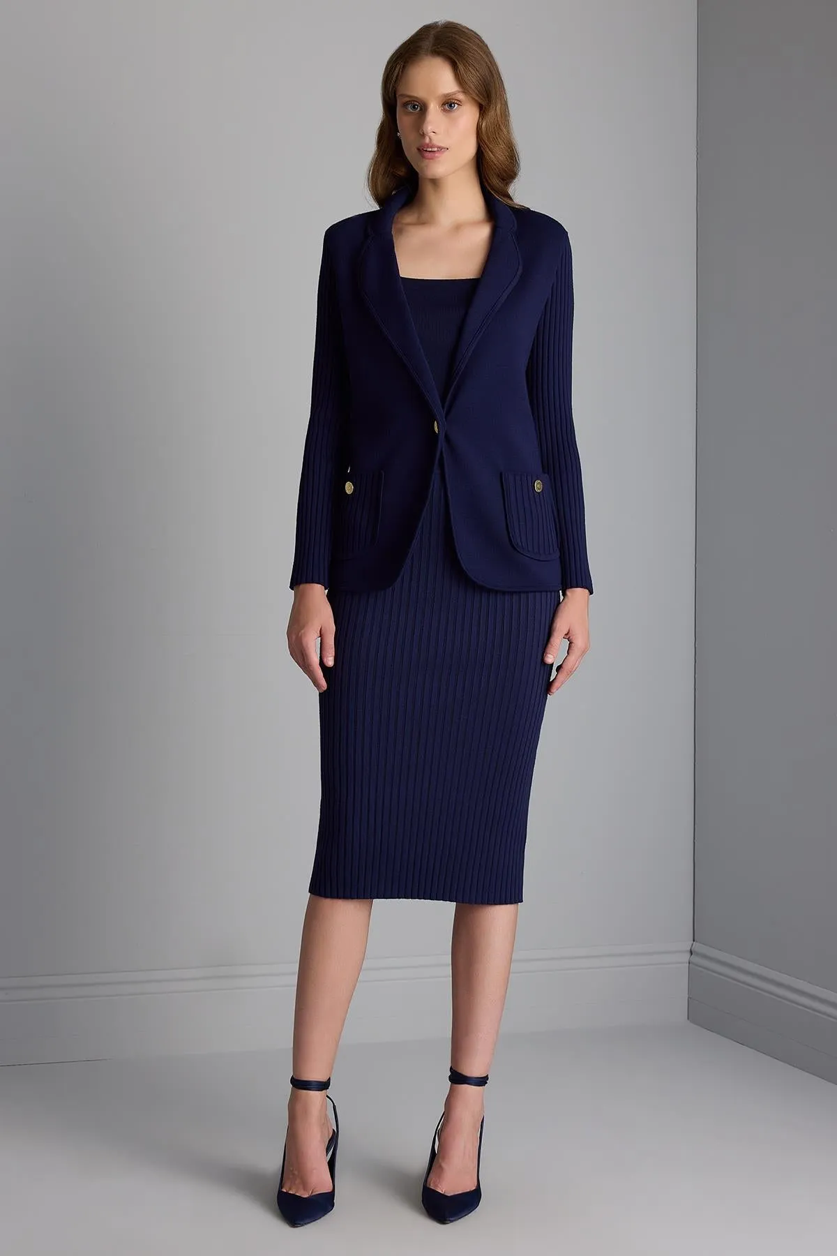 Ribbed Navy Blue Knitwear Pencil Skirt