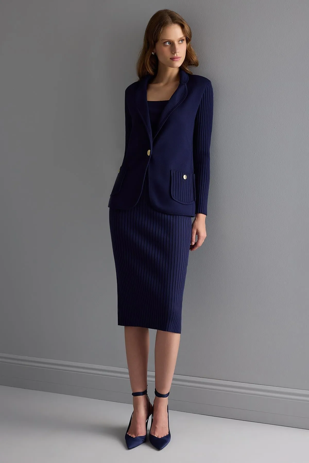Ribbed Navy Blue Knitwear Pencil Skirt