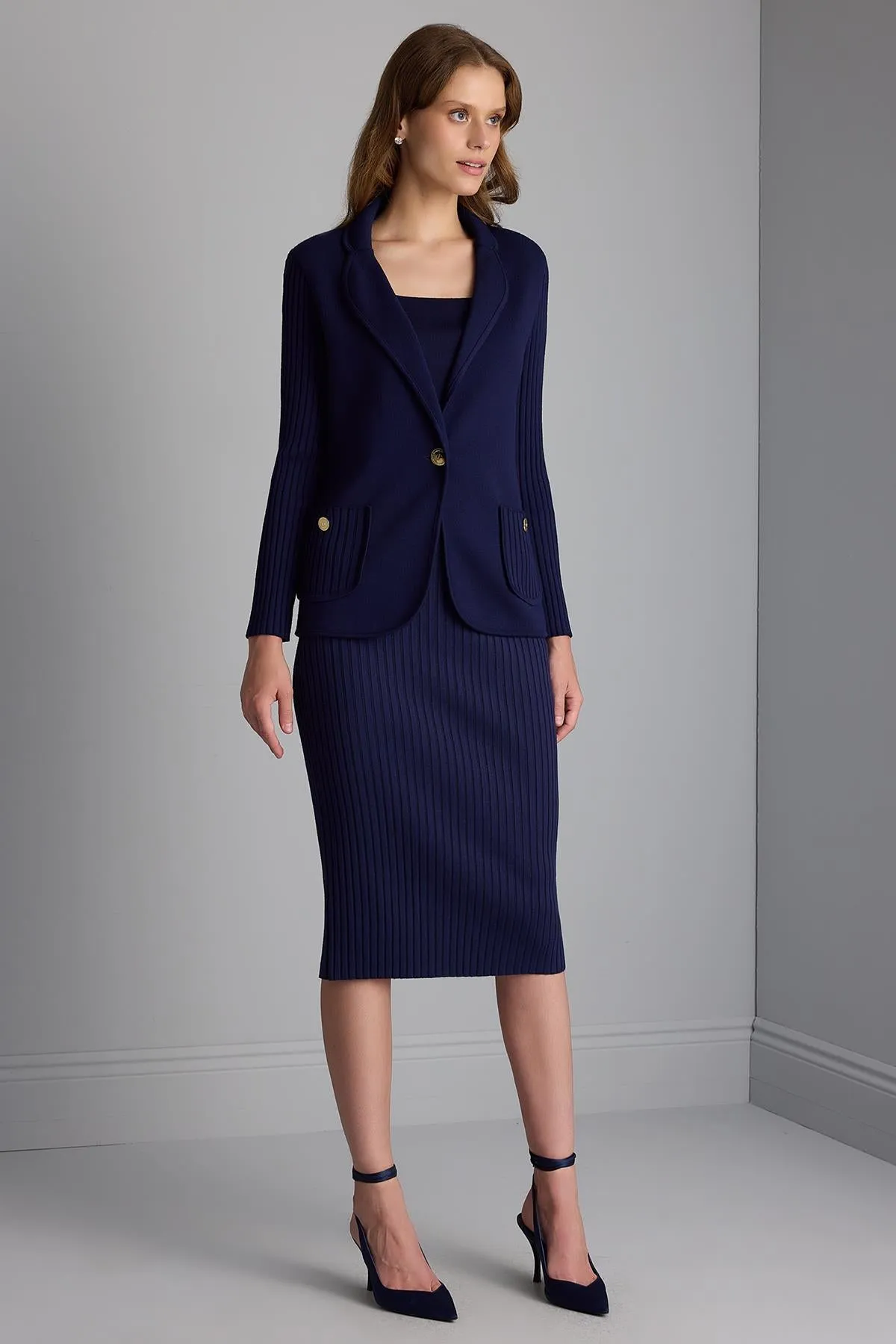 Ribbed Navy Blue Knitwear Pencil Skirt