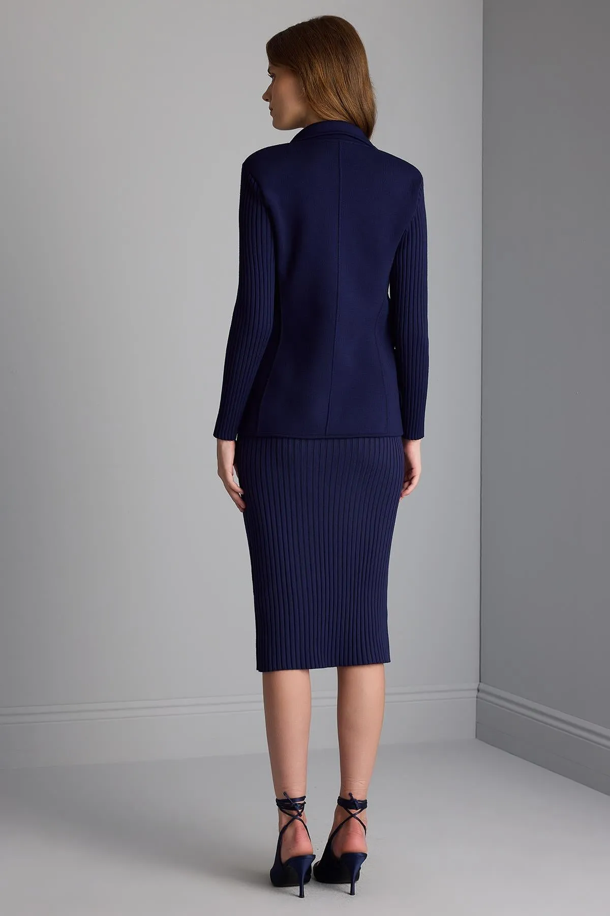 Ribbed Navy Blue Knitwear Pencil Skirt