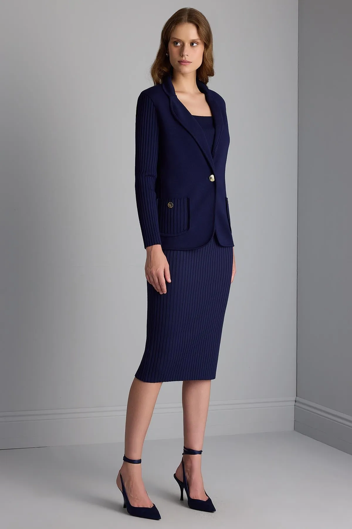 Ribbed Navy Blue Knitwear Pencil Skirt