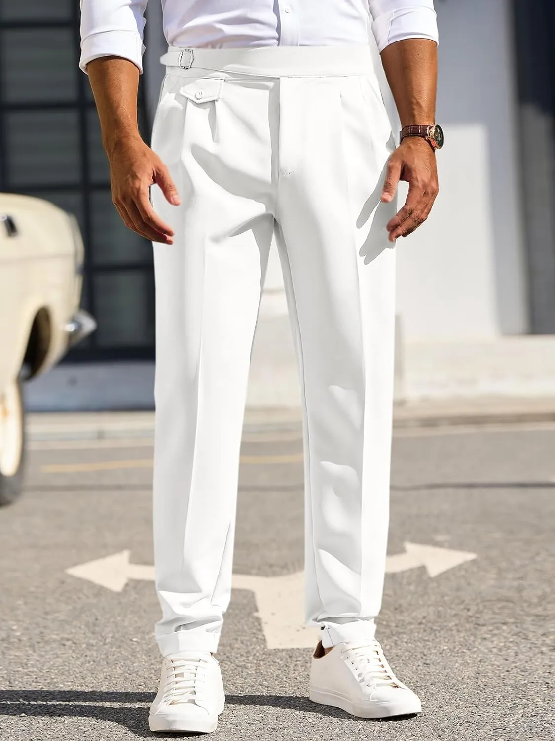 Runcati Mens Classic Fit Dress Pants Pleated Elastic Waist Work Pants Skinny Stretch Business Suit Pants