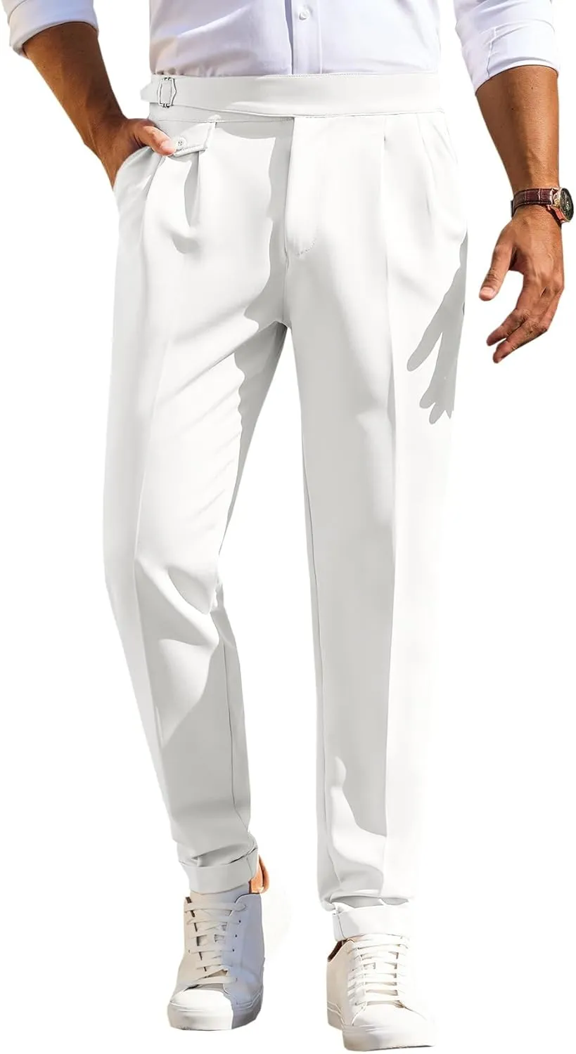 Runcati Mens Classic Fit Dress Pants Pleated Elastic Waist Work Pants Skinny Stretch Business Suit Pants