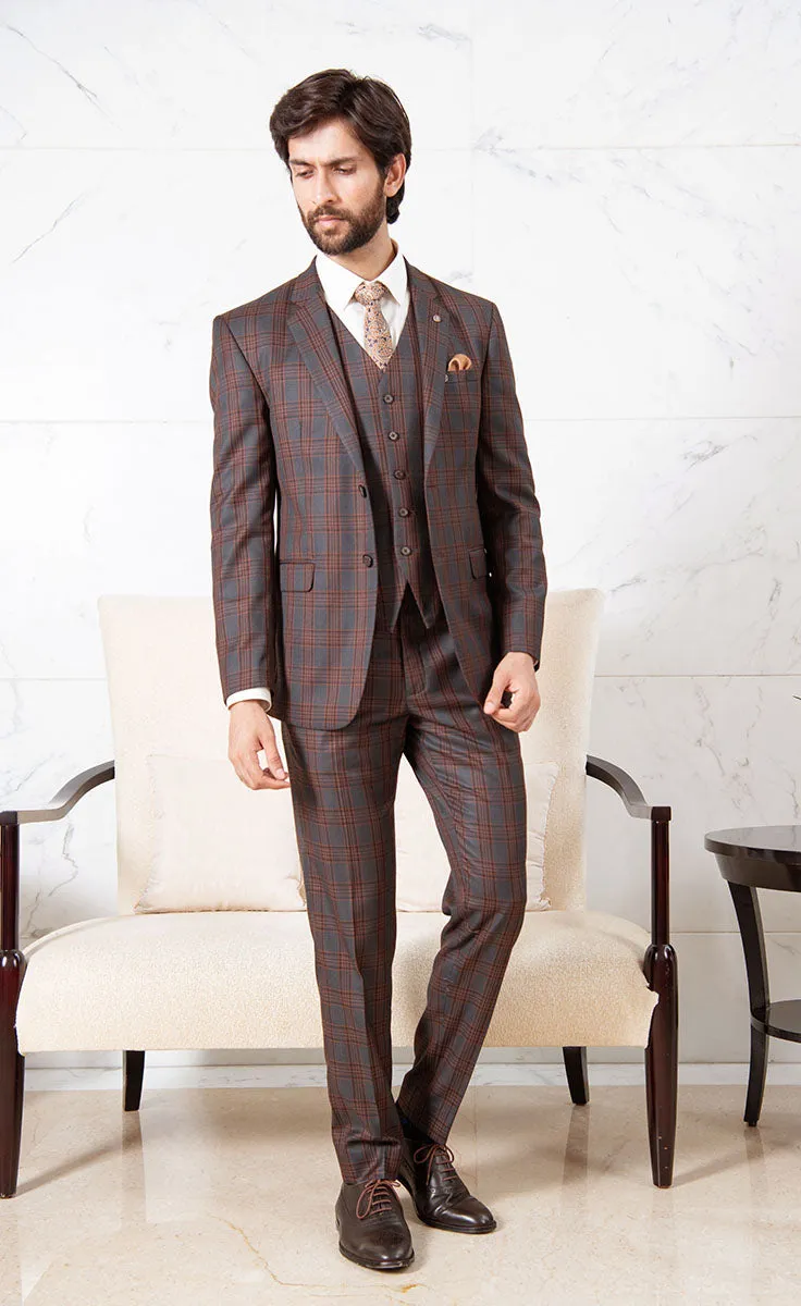 Rust Checked Single-Breasted Suit