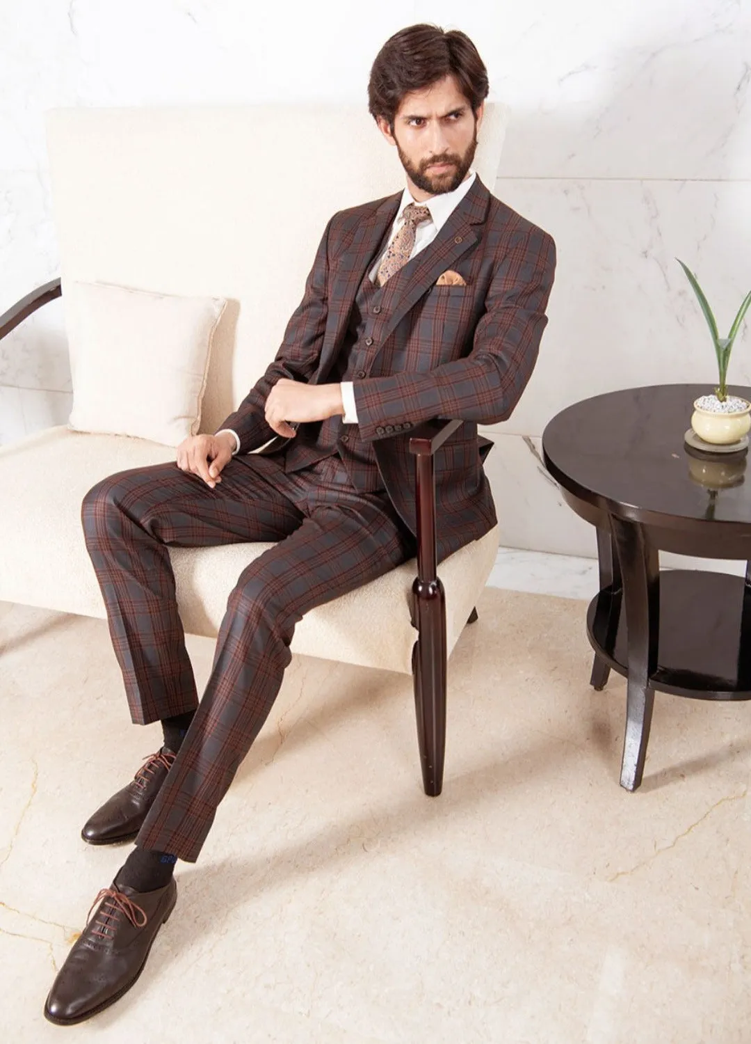 Rust Checked Single-Breasted Suit