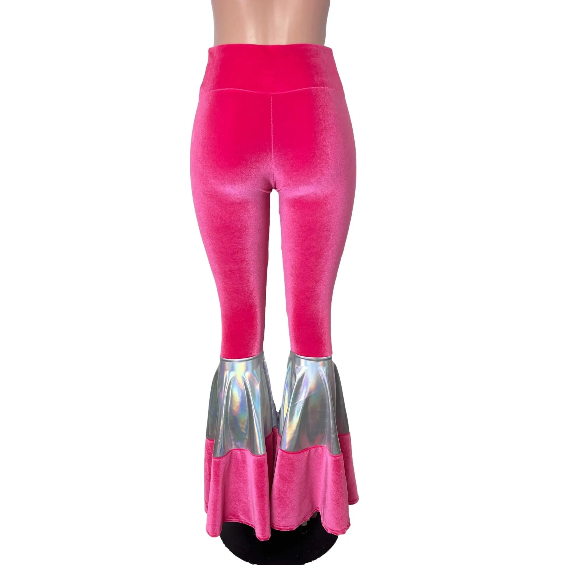 SALE - SMALL Tiered Bell Bottom Flares - Neon Hot Pink Velvet w/ Opal Holographic
