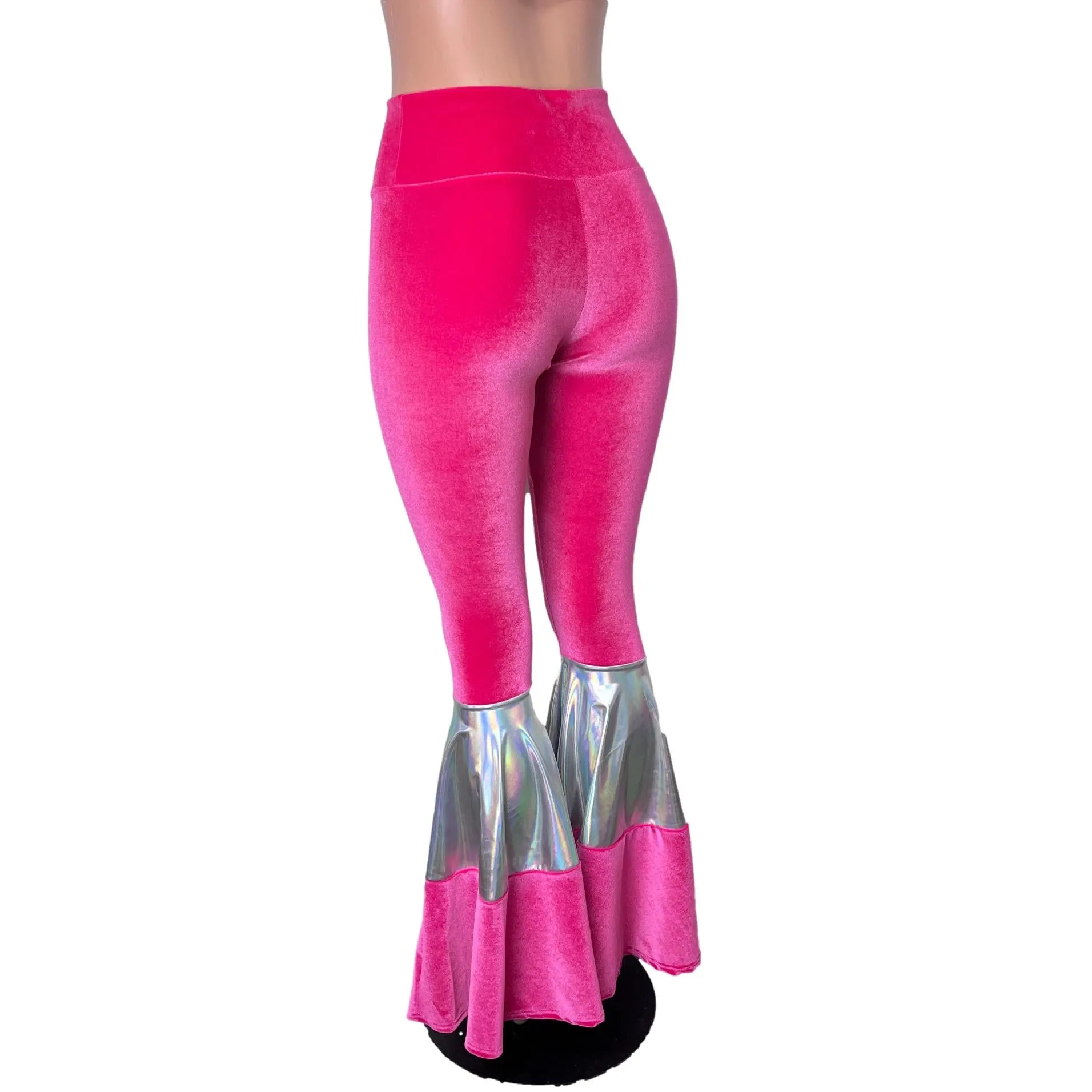 SALE - SMALL Tiered Bell Bottom Flares - Neon Hot Pink Velvet w/ Opal Holographic