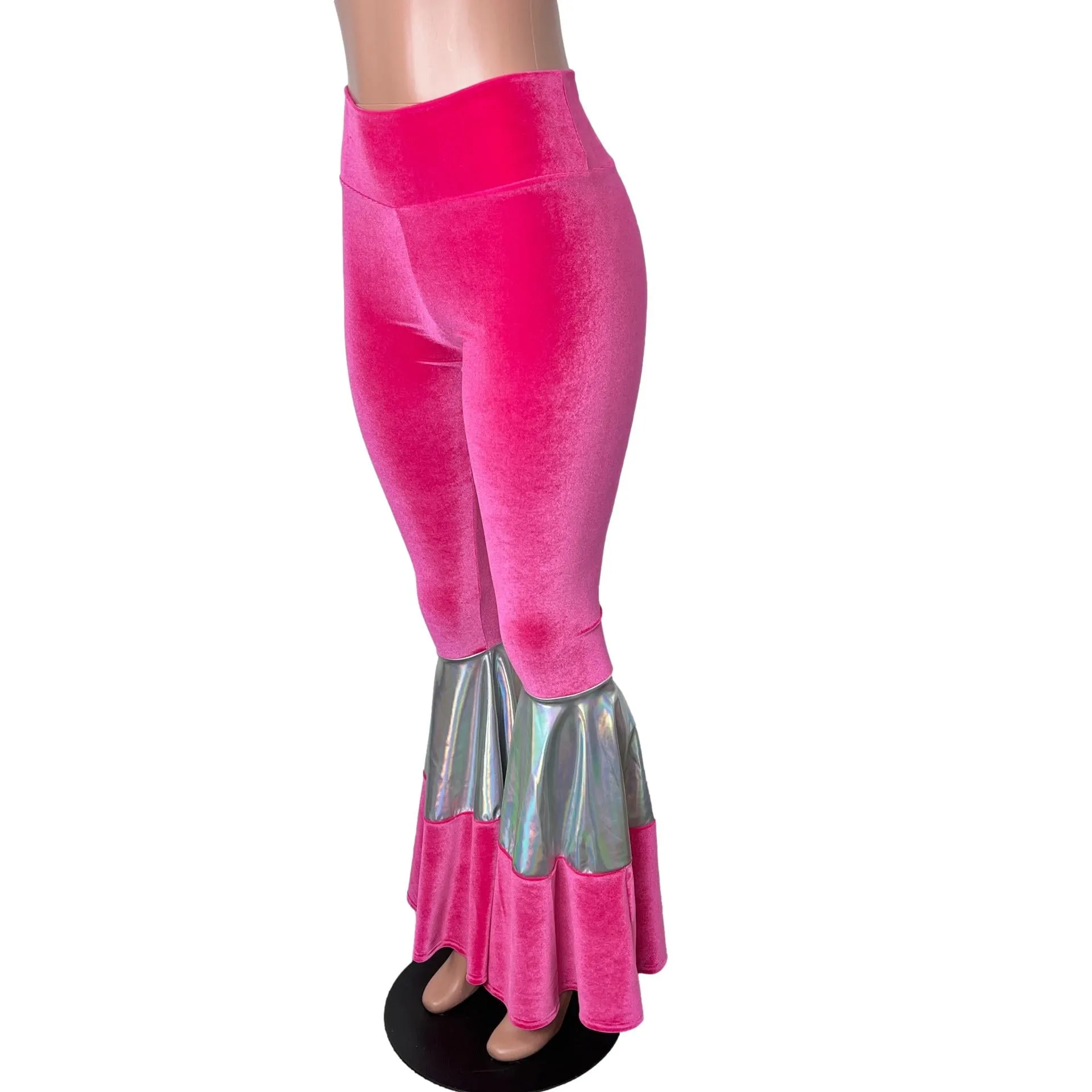 SALE - SMALL Tiered Bell Bottom Flares - Neon Hot Pink Velvet w/ Opal Holographic