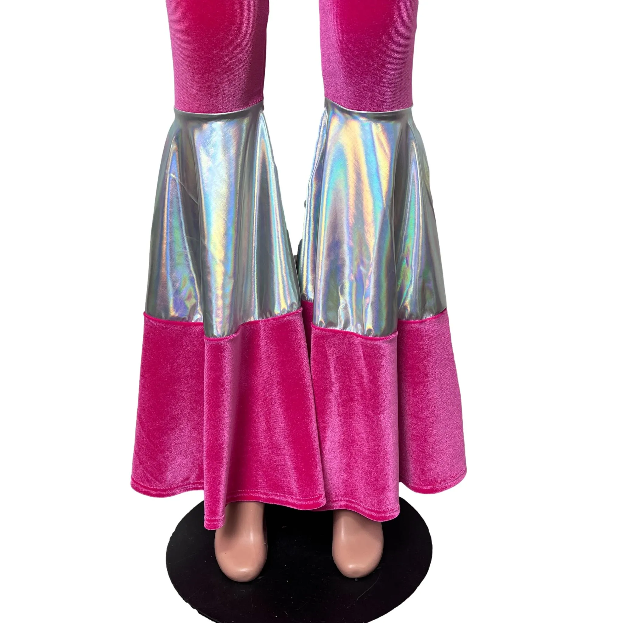 SALE - SMALL Tiered Bell Bottom Flares - Neon Hot Pink Velvet w/ Opal Holographic