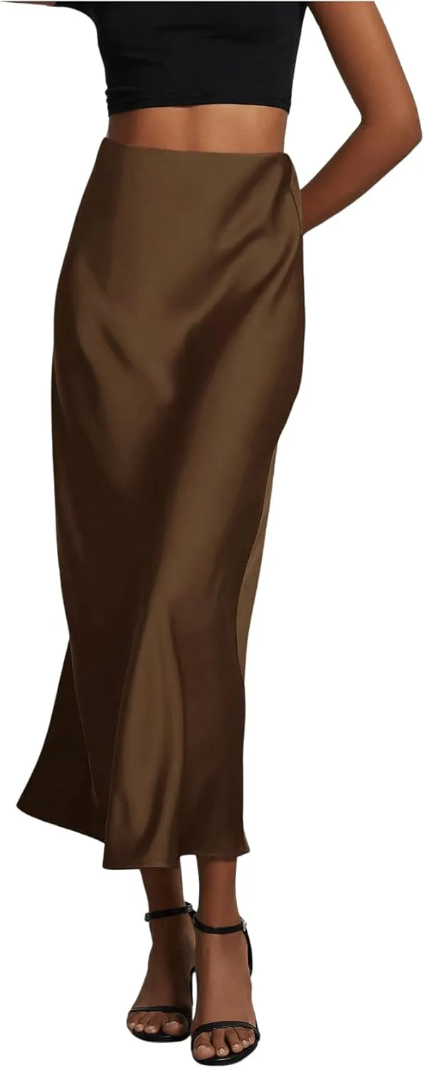 SHENHE Women's Satin Maxi Skirts High Waisted A Line Long Skirts Elegant Office Skirts