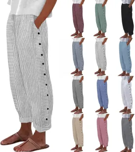 Summer Pants for Women Striped Printed Side Button Pants Baggy Elastic Waist Straight Leg Trousers with Pocket