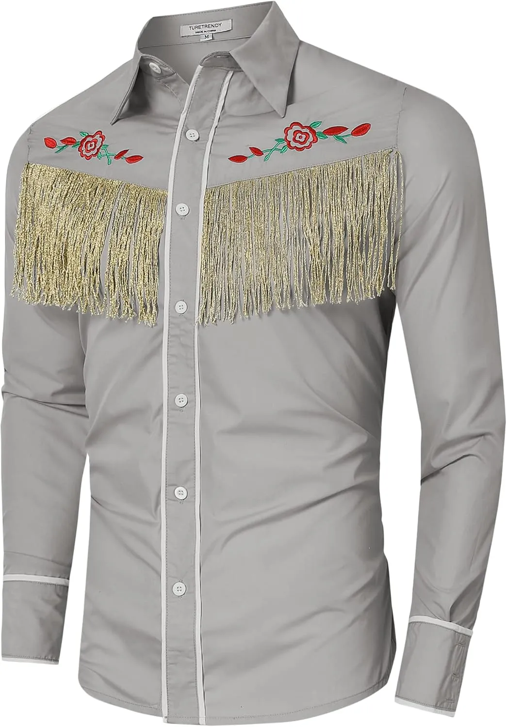 TURETRENDY Men's Western Cowboy Fringe Shirt Long Sleeve Rose Embroidered Slim Fit Button Down Shirt