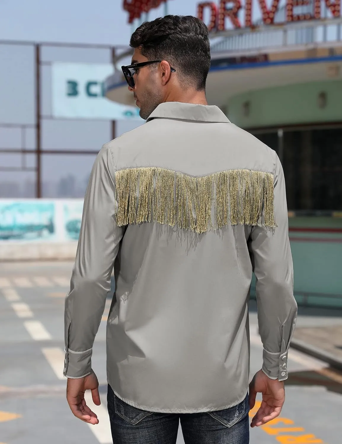 TURETRENDY Men's Western Cowboy Fringe Shirt Long Sleeve Rose Embroidered Slim Fit Button Down Shirt