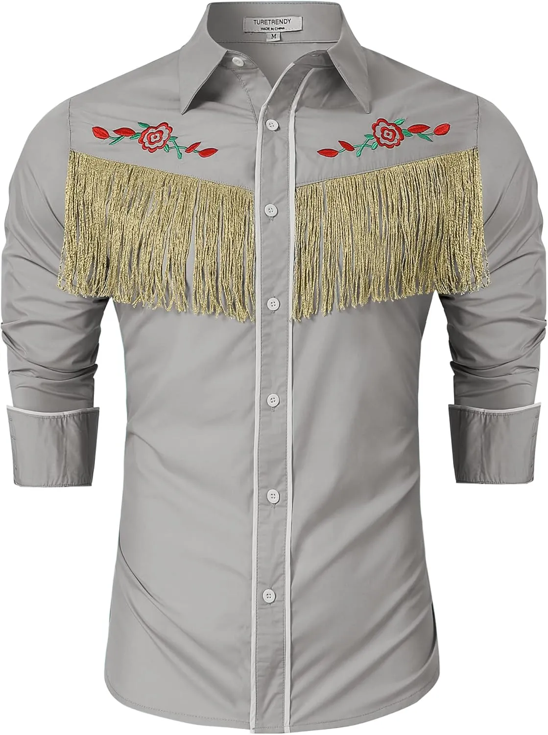 TURETRENDY Men's Western Cowboy Fringe Shirt Long Sleeve Rose Embroidered Slim Fit Button Down Shirt