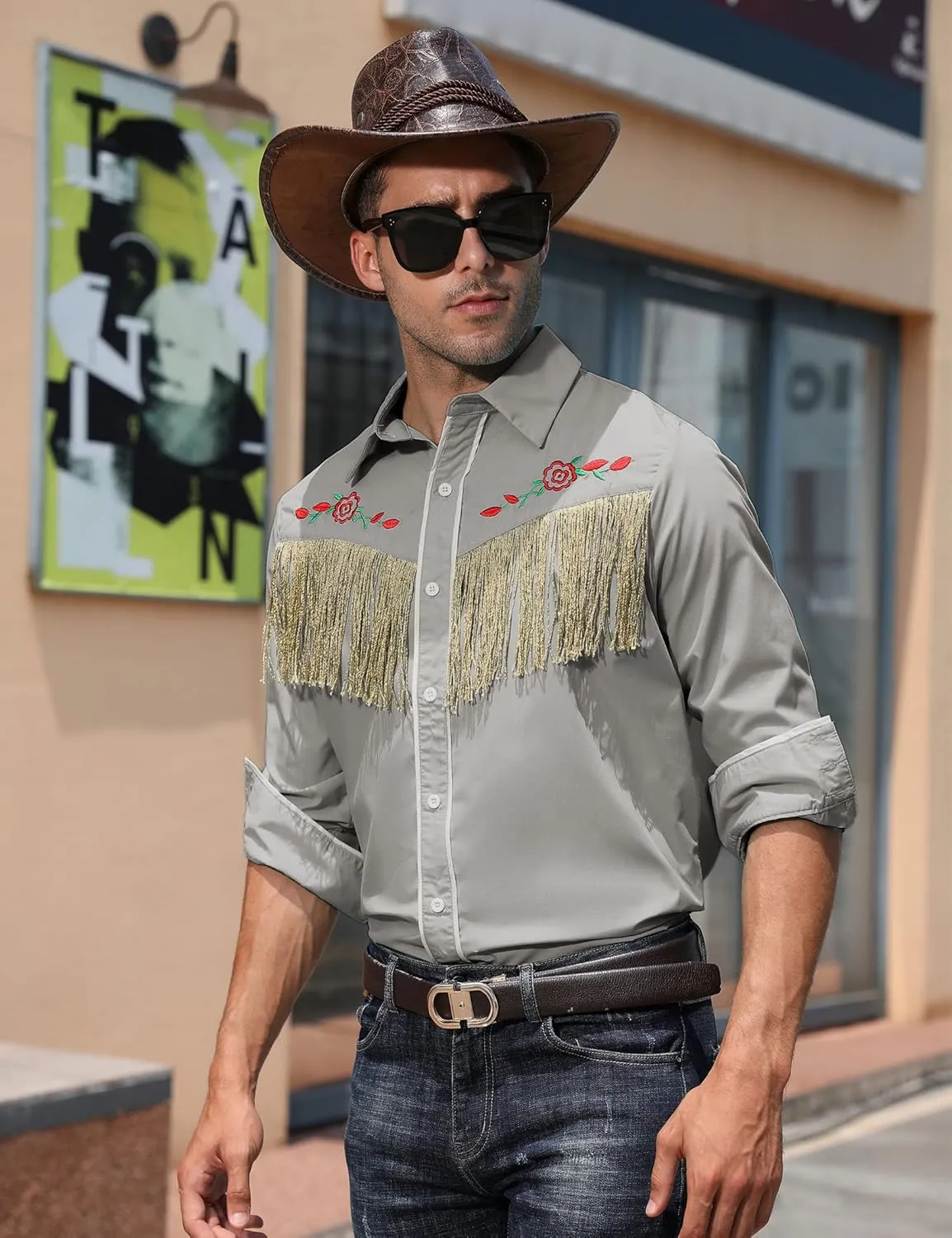 TURETRENDY Men's Western Cowboy Fringe Shirt Long Sleeve Rose Embroidered Slim Fit Button Down Shirt