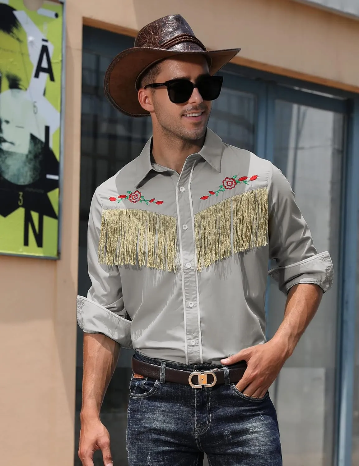TURETRENDY Men's Western Cowboy Fringe Shirt Long Sleeve Rose Embroidered Slim Fit Button Down Shirt
