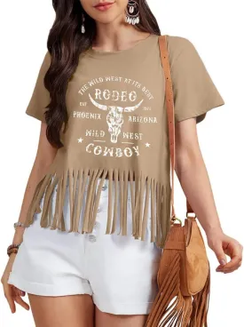 Western Shirt for Women Vintage Cowgirl Fringe T-Shirt Short Sleeve Rodeo Country Tee Tops