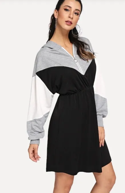 Women Contrast Panel Quarter Zip Self-Tie Casual Sport Hooded Dress