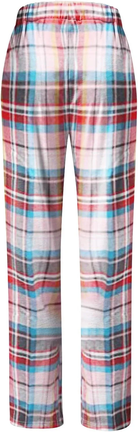 Women Pajama Pants Comfy Pj Bottom Stretch Plaid Sleepwear Casual Drawstring Palazzo Lounge Wide Leg Pants