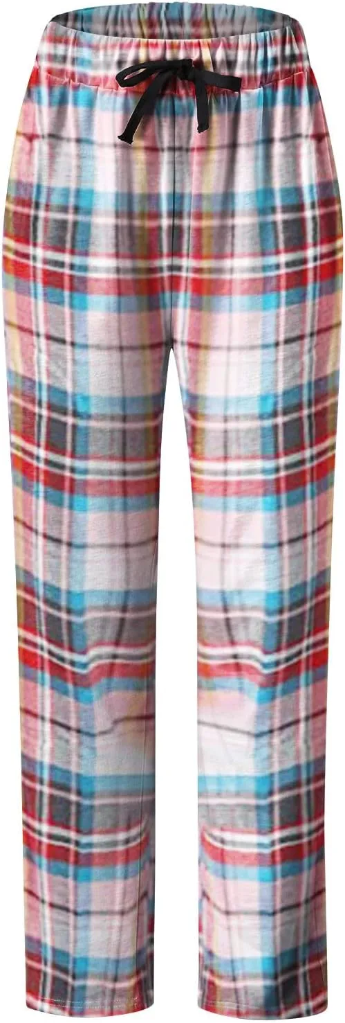 Women Pajama Pants Comfy Pj Bottom Stretch Plaid Sleepwear Casual Drawstring Palazzo Lounge Wide Leg Pants