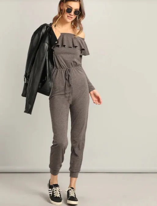 Women Waist Knot Sexy Ruffle Bardot Jumpsuit / Off the Shoulder Yogawear