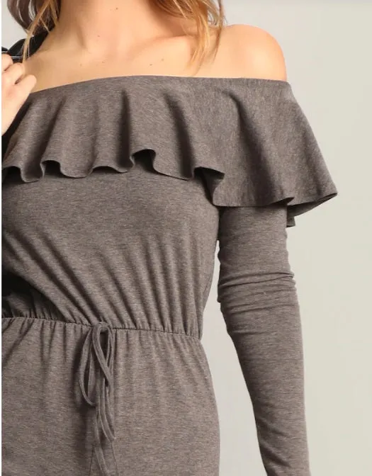 Women Waist Knot Sexy Ruffle Bardot Jumpsuit / Off the Shoulder Yogawear