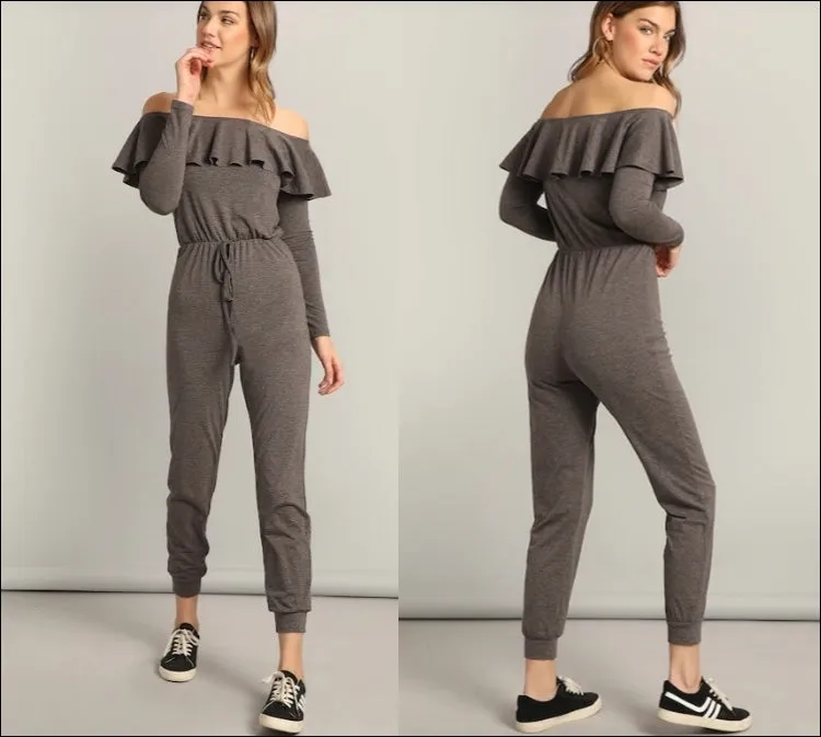 Women Waist Knot Sexy Ruffle Bardot Jumpsuit / Off the Shoulder Yogawear