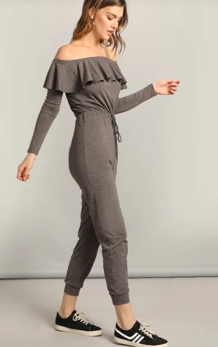 Women Waist Knot Sexy Ruffle Bardot Jumpsuit / Off the Shoulder Yogawear