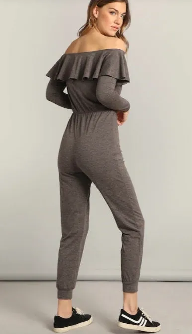 Women Waist Knot Sexy Ruffle Bardot Jumpsuit / Off the Shoulder Yogawear
