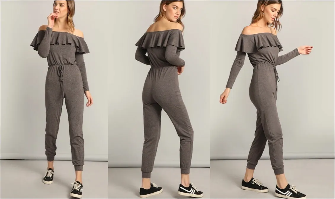 Women Waist Knot Sexy Ruffle Bardot Jumpsuit / Off the Shoulder Yogawear