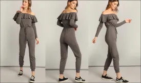 Women Waist Knot Sexy Ruffle Bardot Jumpsuit / Off the Shoulder Yogawear