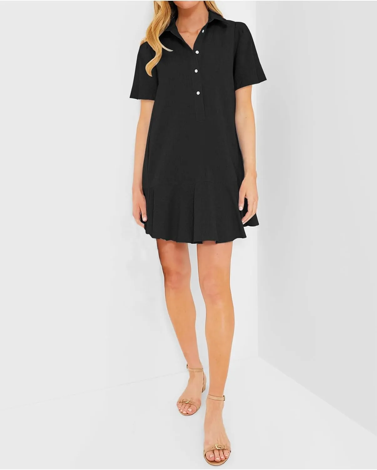 Women's Button Down Shirt Dress Summer Casual Short Sleeve Cotton Linen Ruffle Shift Mini Dresses