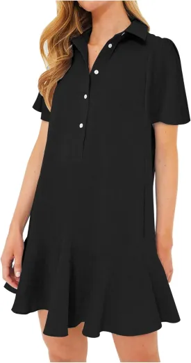 Women's Button Down Shirt Dress Summer Casual Short Sleeve Cotton Linen Ruffle Shift Mini Dresses