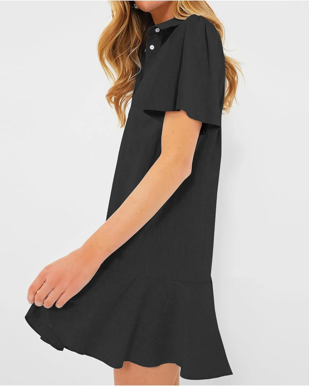 Women's Button Down Shirt Dress Summer Casual Short Sleeve Cotton Linen Ruffle Shift Mini Dresses