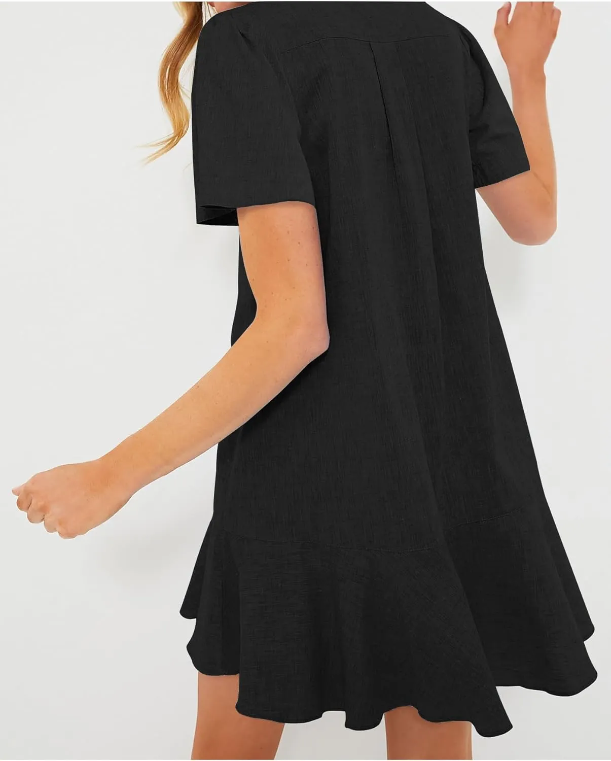 Women's Button Down Shirt Dress Summer Casual Short Sleeve Cotton Linen Ruffle Shift Mini Dresses