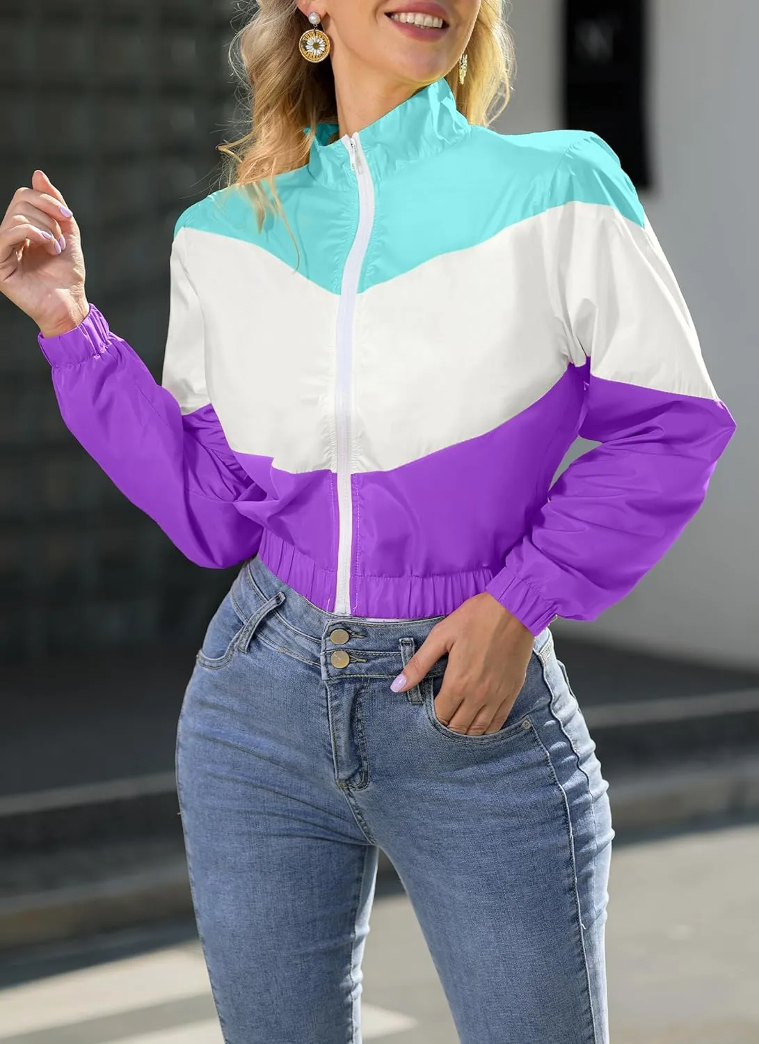 Womens Lightweight Windbreaker Sport Jacket Zip Up Color Block Coat Casual Long Sleeve Jogging Outerwear