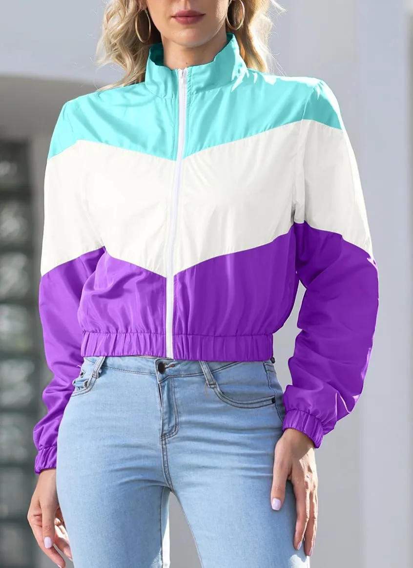 Womens Lightweight Windbreaker Sport Jacket Zip Up Color Block Coat Casual Long Sleeve Jogging Outerwear
