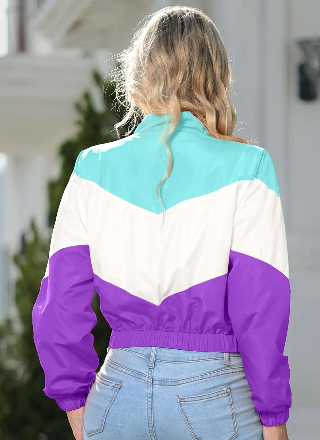 Womens Lightweight Windbreaker Sport Jacket Zip Up Color Block Coat Casual Long Sleeve Jogging Outerwear